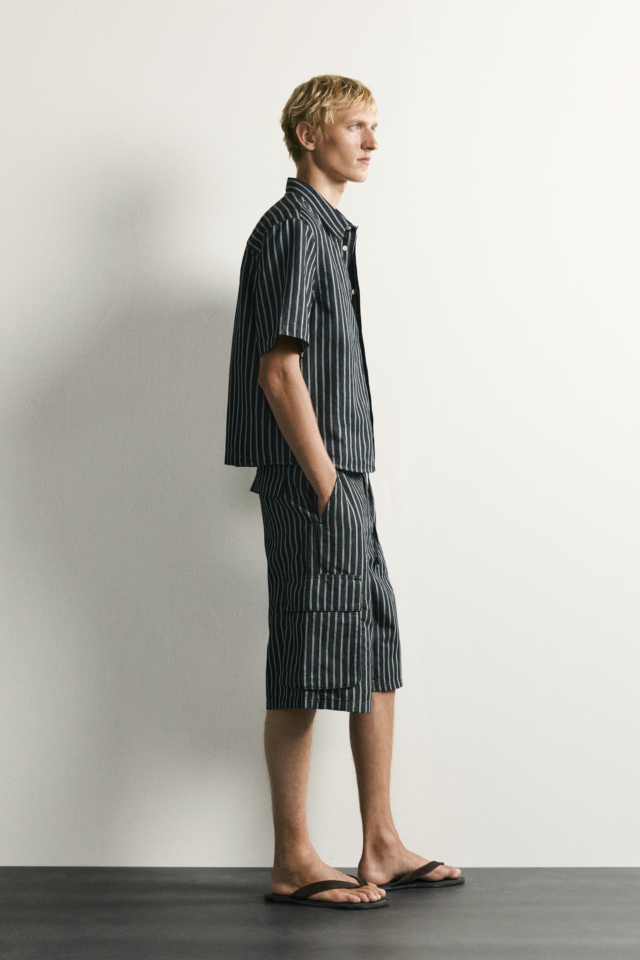 STRIPED COTTON-LINEN DENIM CARGO SHORTS